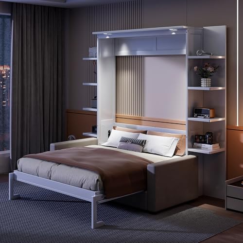 White Queen Size Wood Murphy Bed with Storage Shelves W17579
