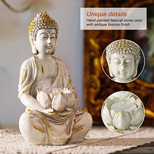 White Gold 8" Buddha Statue with LED Tea Lights Candle Holder M700751