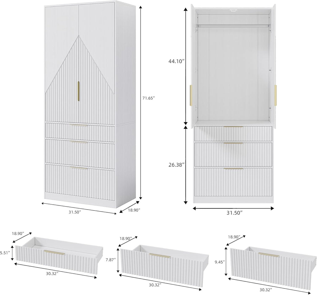 White Wooden Wardrobe Armoire with 2 Doors and 3 Drawer M9454