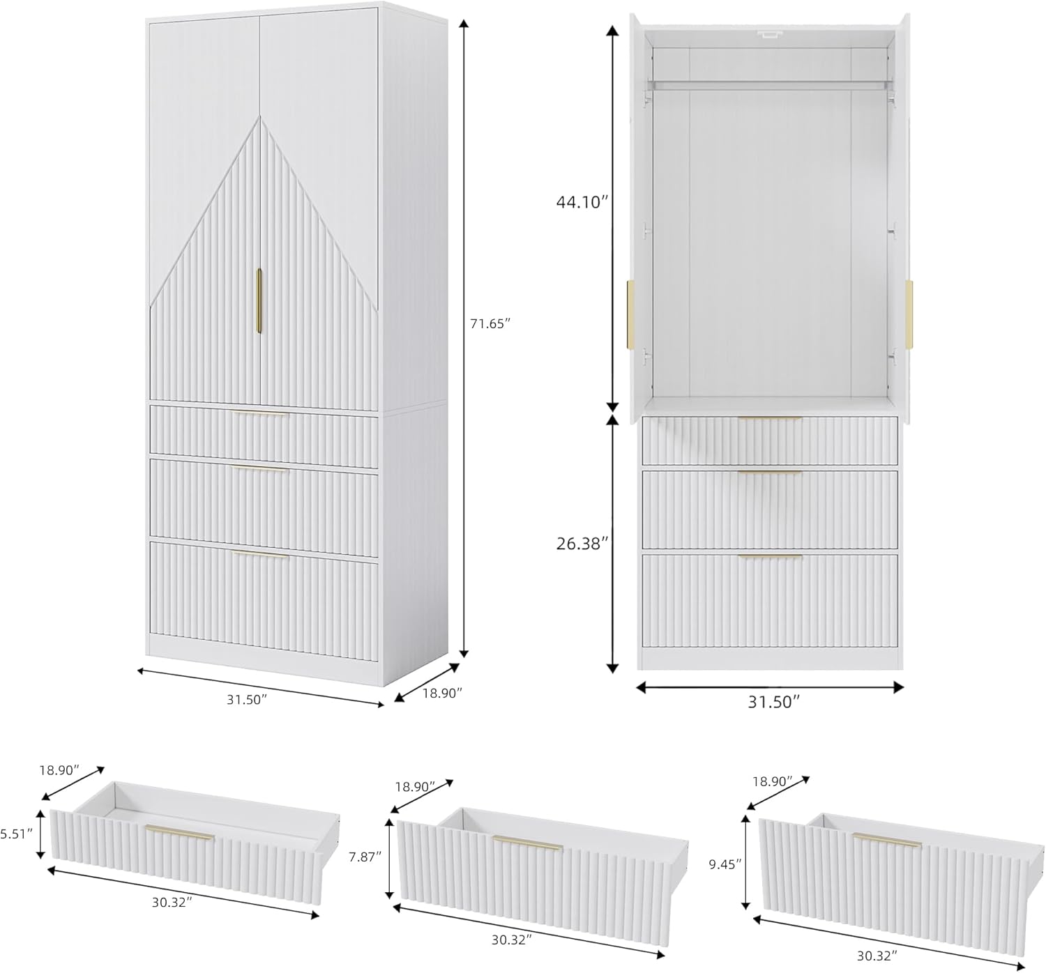 White Wooden Wardrobe Armoire with 2 Doors and 3 Drawer M9454