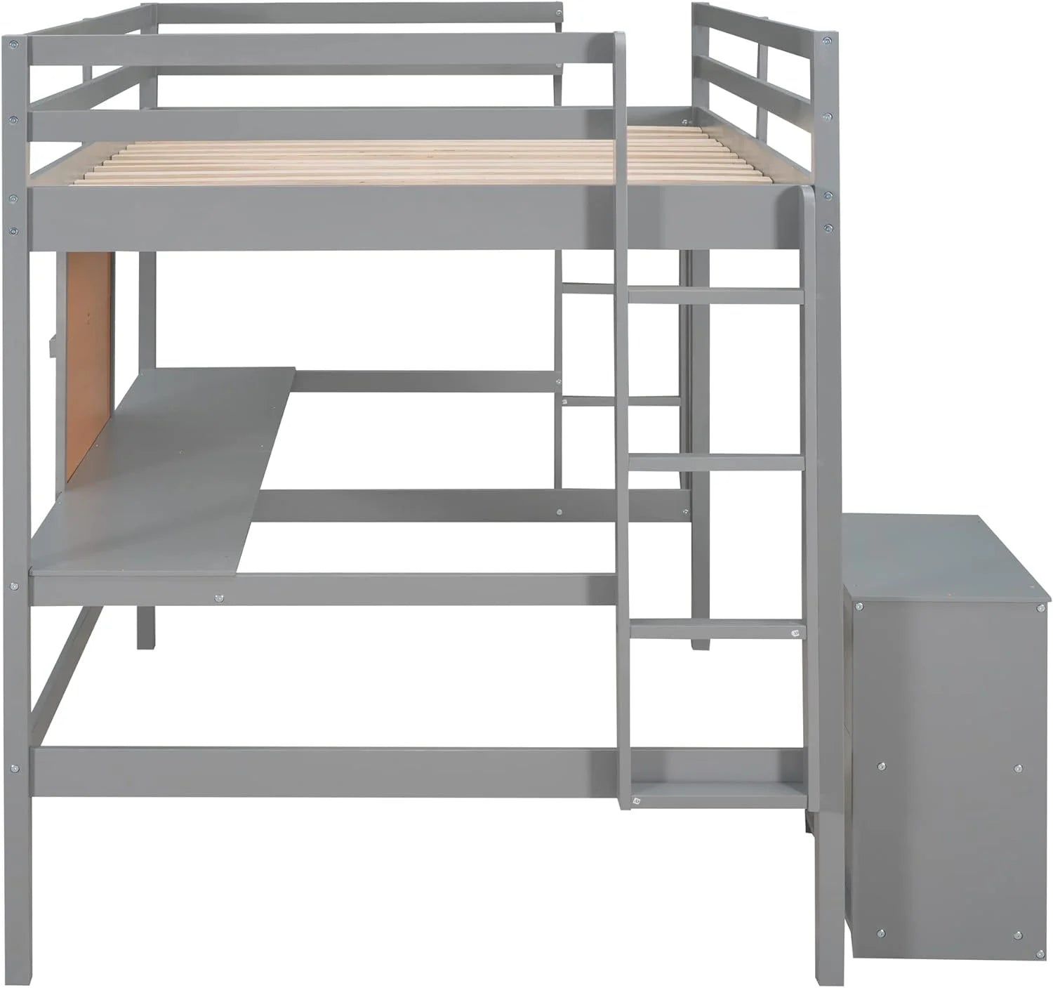 Gray Wood Loft Bed Frame With Desk, Storage Shelves And Writing Board, Two Ladders And Moveable 2-Shelf Cabinet C338