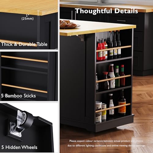 Black Kitchen Island with Power Outlet and Drop Leaf W2277