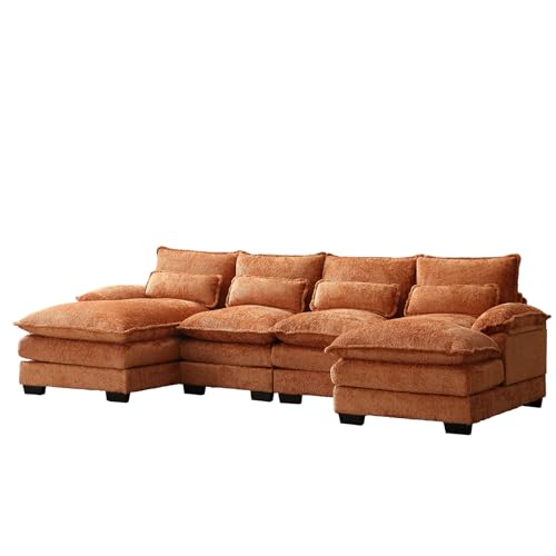 U Shape Sectional Sofa, 110" Upholstery Modular Sofa, 4 Seat Chenille Sleeper Sofa with Double Chaise, Orange I848