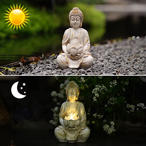 White Gold 8" Buddha Statue with LED Tea Lights Candle Holder M700751