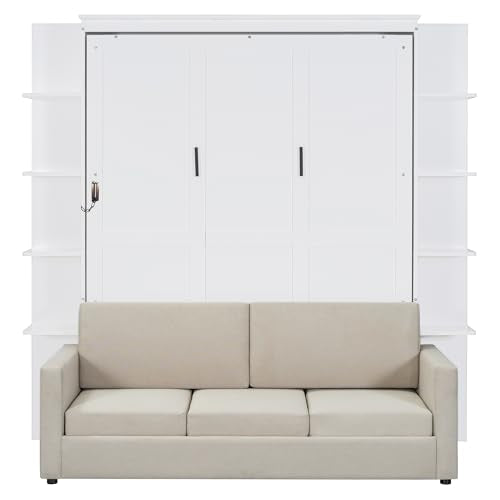 White Queen Size Wood Murphy Bed with Storage Shelves W17579