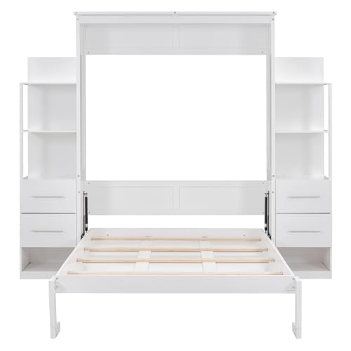 Queen Size Solid Wood Murphy Bed with Shelves and LED Lights N2382