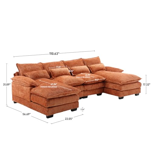 U Shape Sectional Sofa, 110" Upholstery Modular Sofa, 4 Seat Chenille Sleeper Sofa with Double Chaise, Orange I848