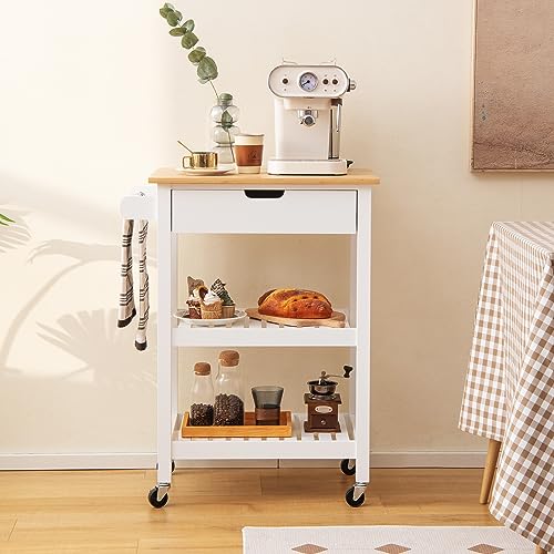 Natural Bamboo Rolling Kitchen Island Cart with Drawer and Shelves K29671