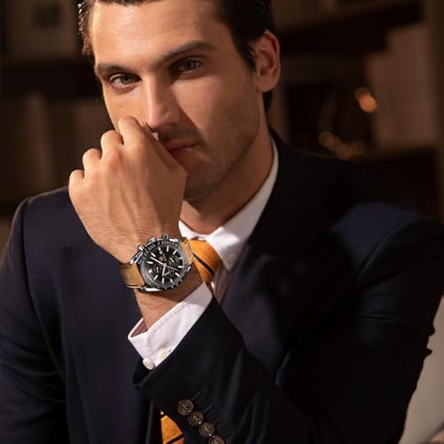 Mens Watches Analog Quartz Chronograph Waterproof Wrist Watches with Calendar Leather Stainless Steel Strap C110