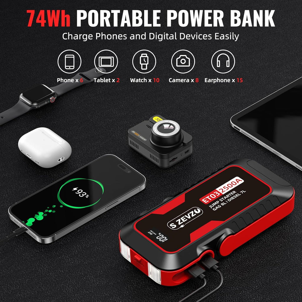2500A 74Wh Portable 12V Car Jump Starter with LCD Display and LED Light B877