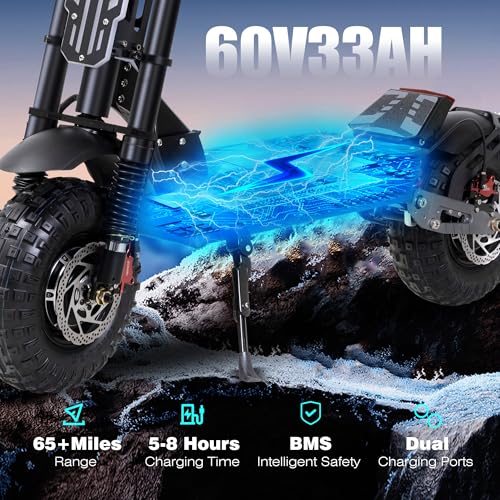 Electric Scooter 7000W Brushless Motor 60V 33Ah Li-Ion Battery 13" All Terrain Tires Full Suspension Adjustable Handlebar Height with Seat I875