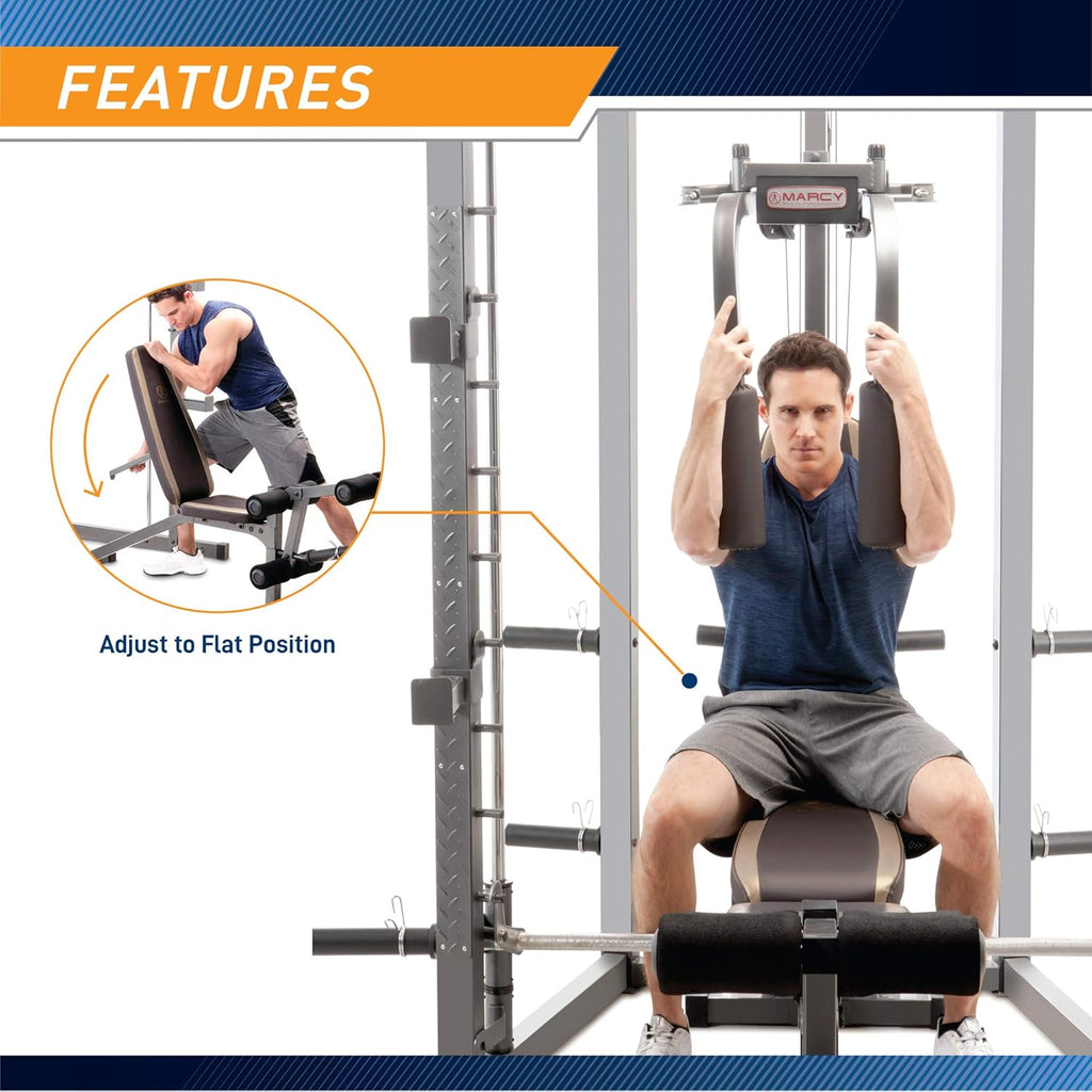 Smith Cage Machine with Workout Bench and Weight Bar Home Gym Equipment T5464
