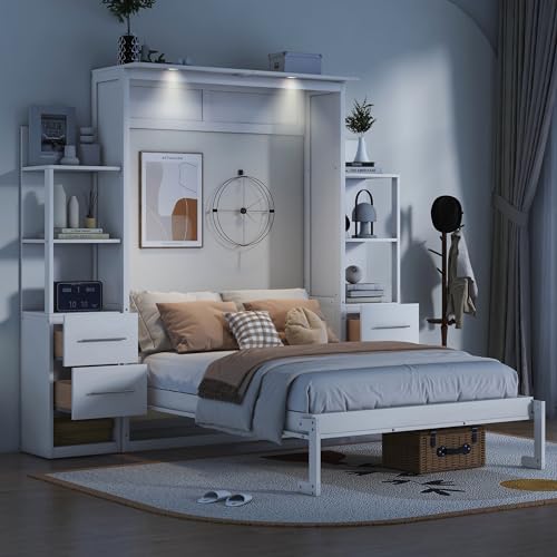 Queen Size Solid Wood Murphy Bed with Shelves and LED Lights N2382