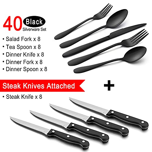 48-Piece Black Stainless Steel Silverware Set with Steak Knives K317627
