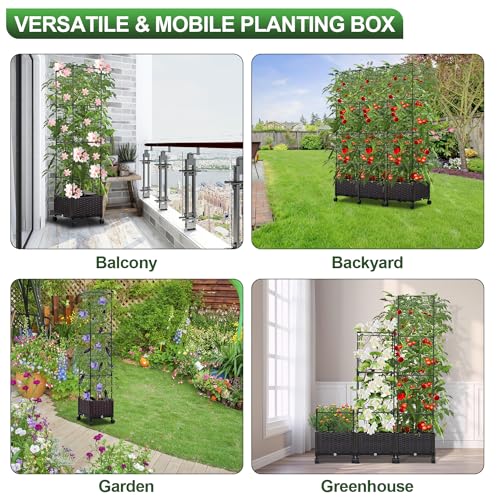 63" Large Metal Raised Garden Bed Planter Box with Trellis and Wheels A629