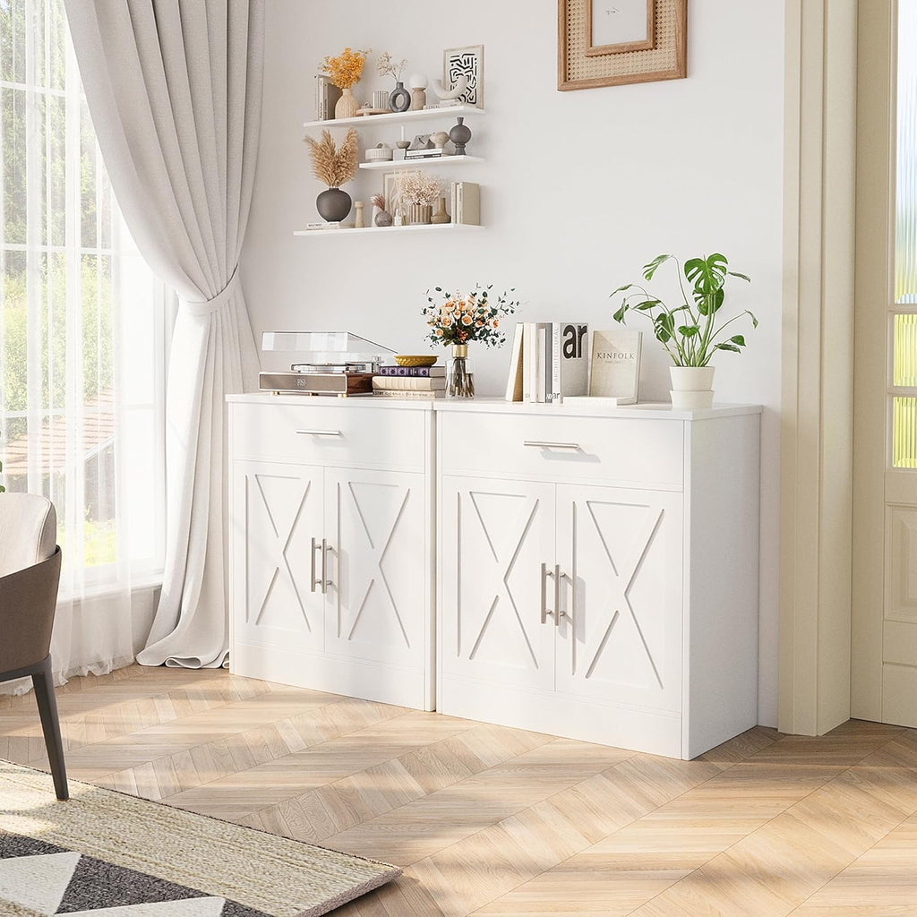 Ivory White Wood Sideboard Buffet Cabinet with 2 Doors J81803