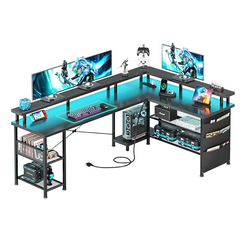 Black Carbon Fiber L Shaped Gaming Desk with Power Outlet and LED Lights B399