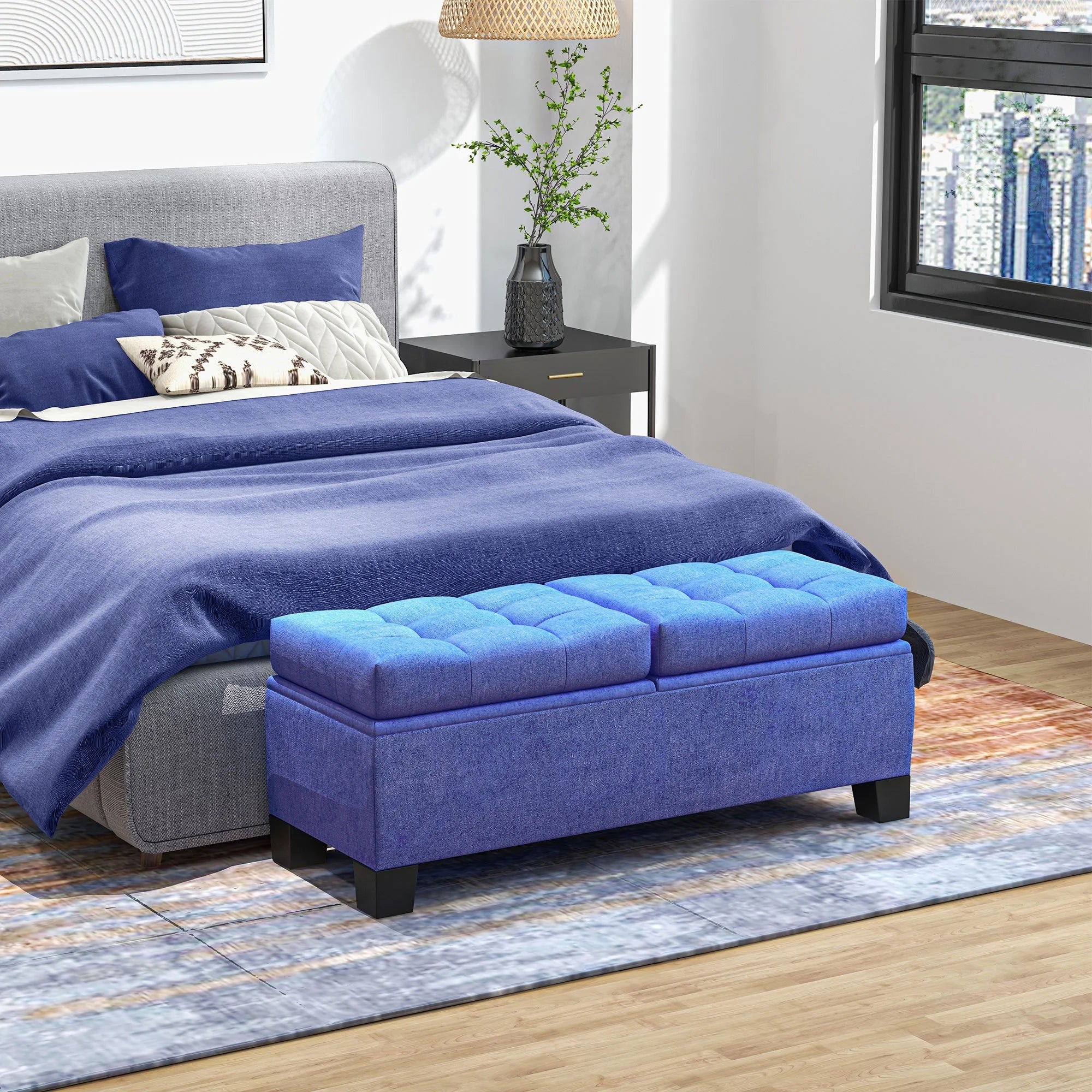 Blue Upholstered Bench with Steel Frame Q226