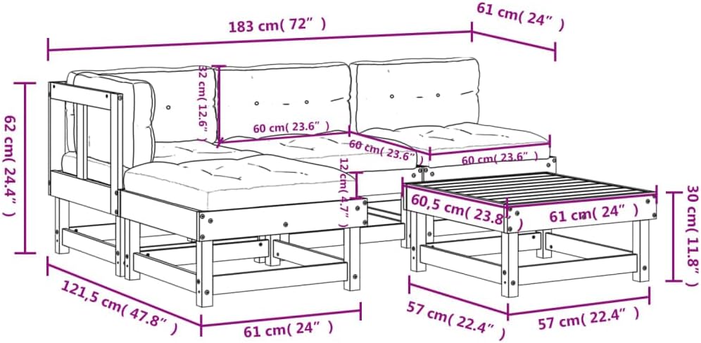 5 Piece Outdoor Patio Sectional Furniture Set with Cushions Solid Wood B787544