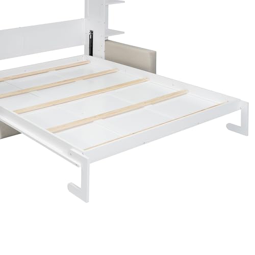 White Queen Size Wood Murphy Bed with Storage Shelves W17579