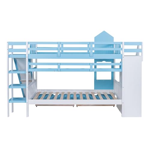Gray Solid Wood Twin Over Twin Bunk Bed with Stairs and Slide B3312
