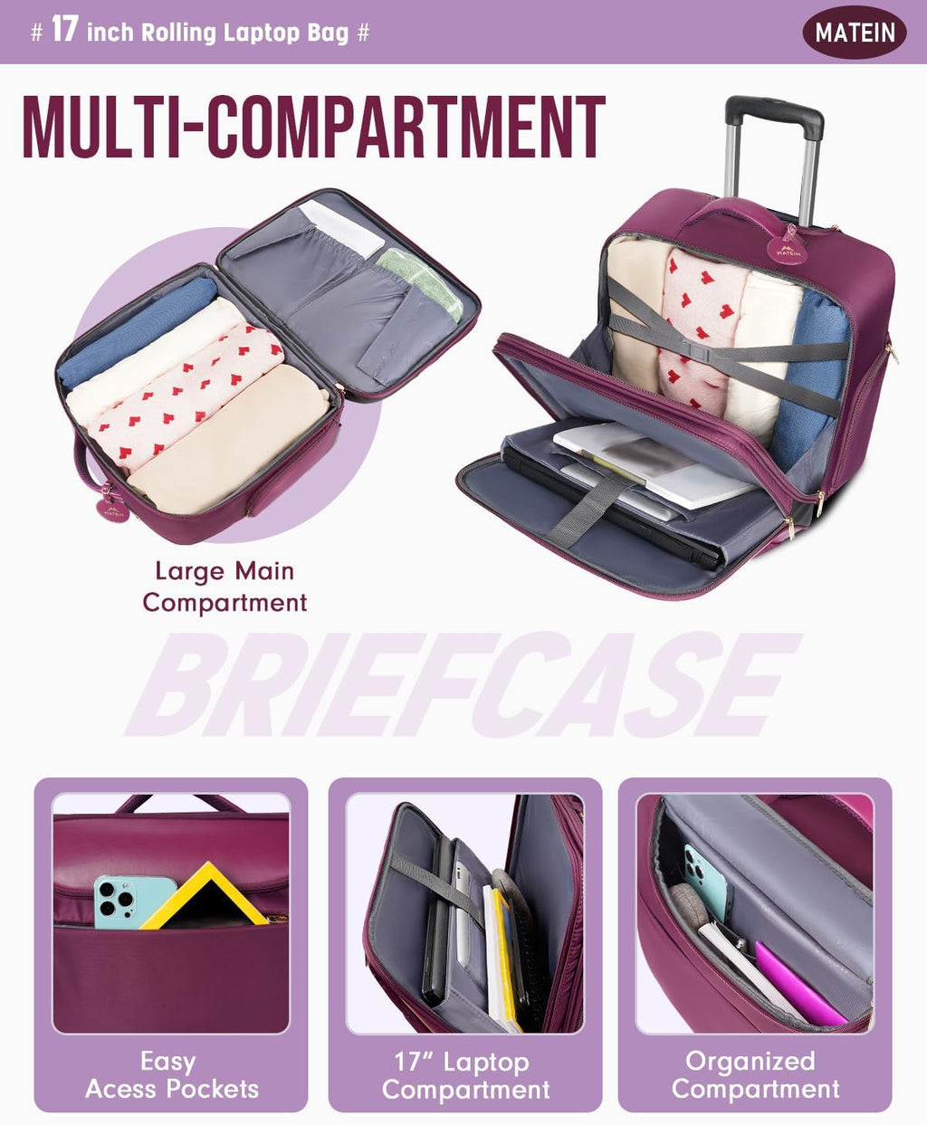 Large 17 Inch Purple Rolling Laptop Travel Bag with Wheels K814