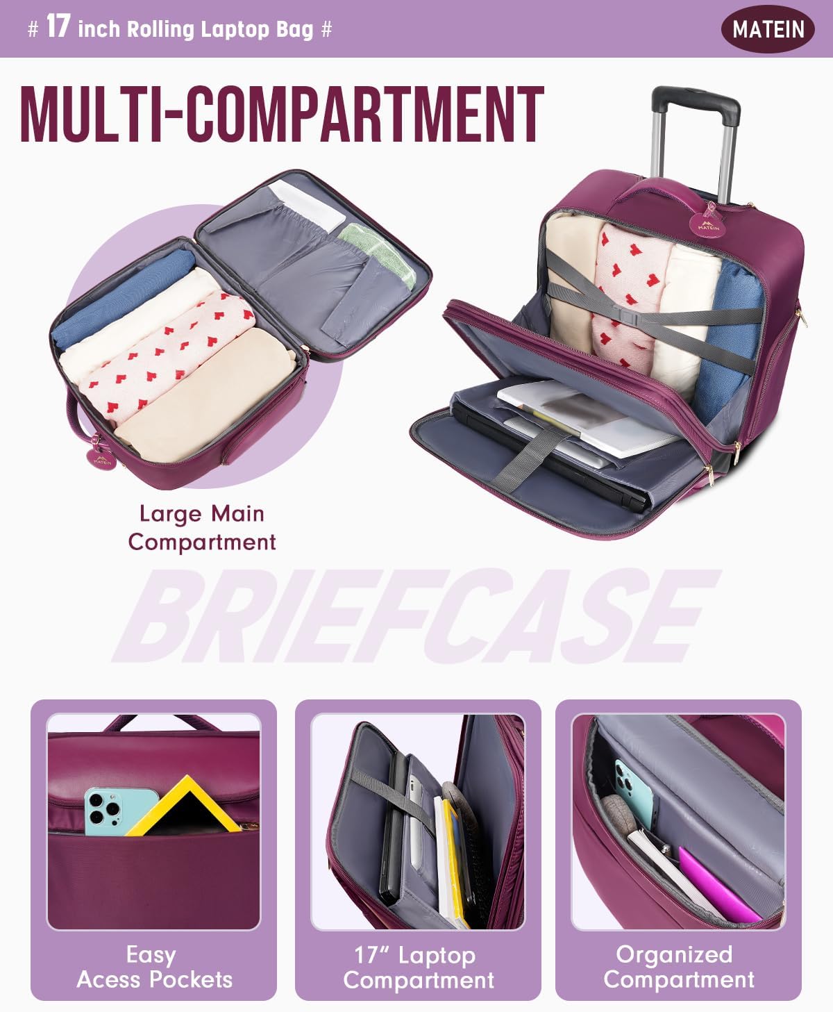 Large 17 Inch Purple Rolling Laptop Travel Bag with Wheels K814