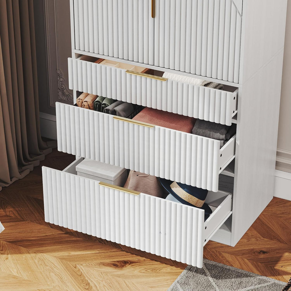 White Wooden Wardrobe Armoire with 2 Doors and 3 Drawer M9454