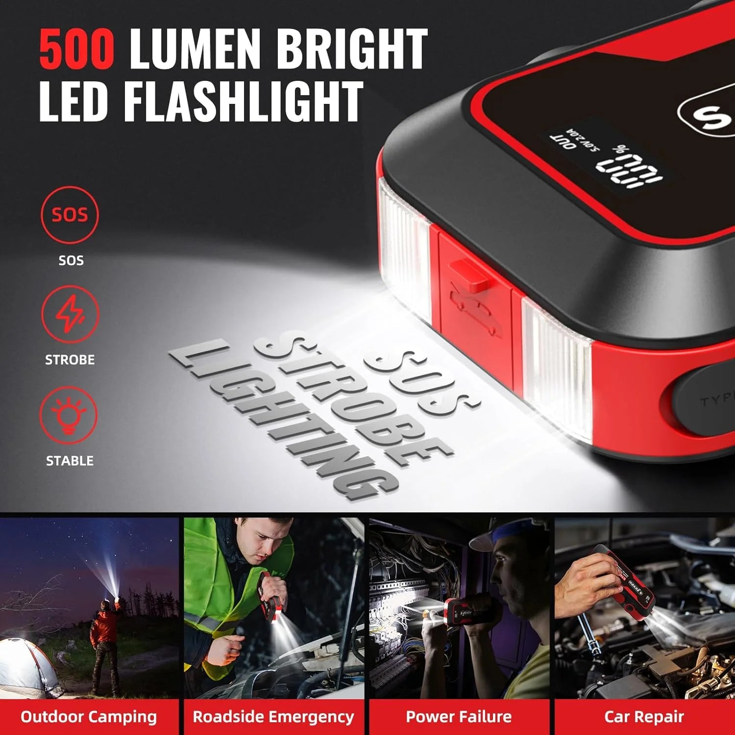 2500A 74Wh Portable 12V Car Jump Starter with LCD Display and LED Light B877
