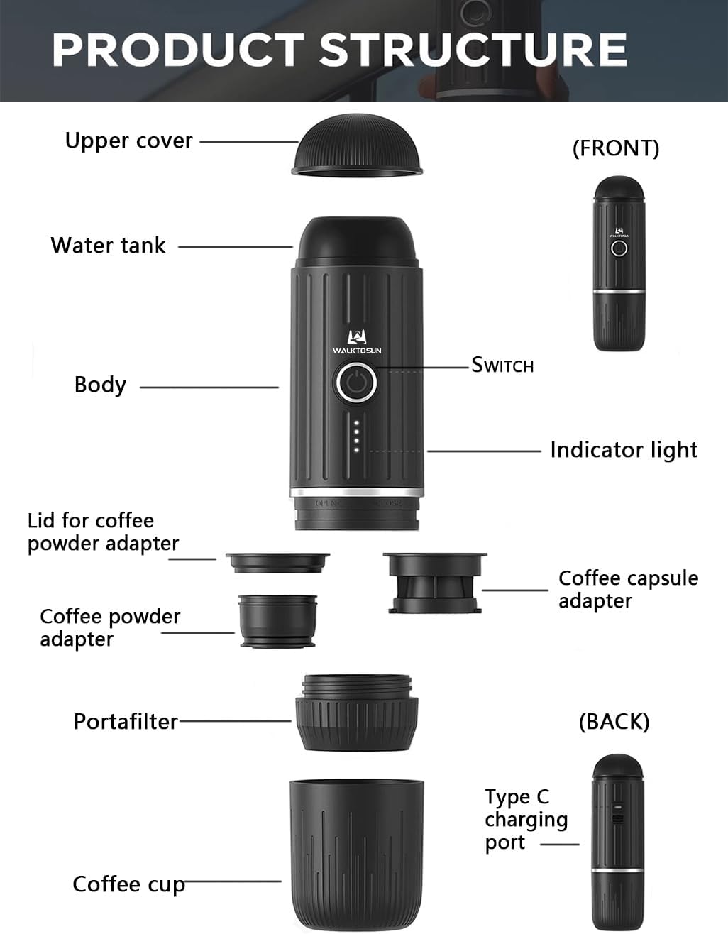 Black Portable Electric Espresso Coffee Maker with 19 Bar Pressure E808824