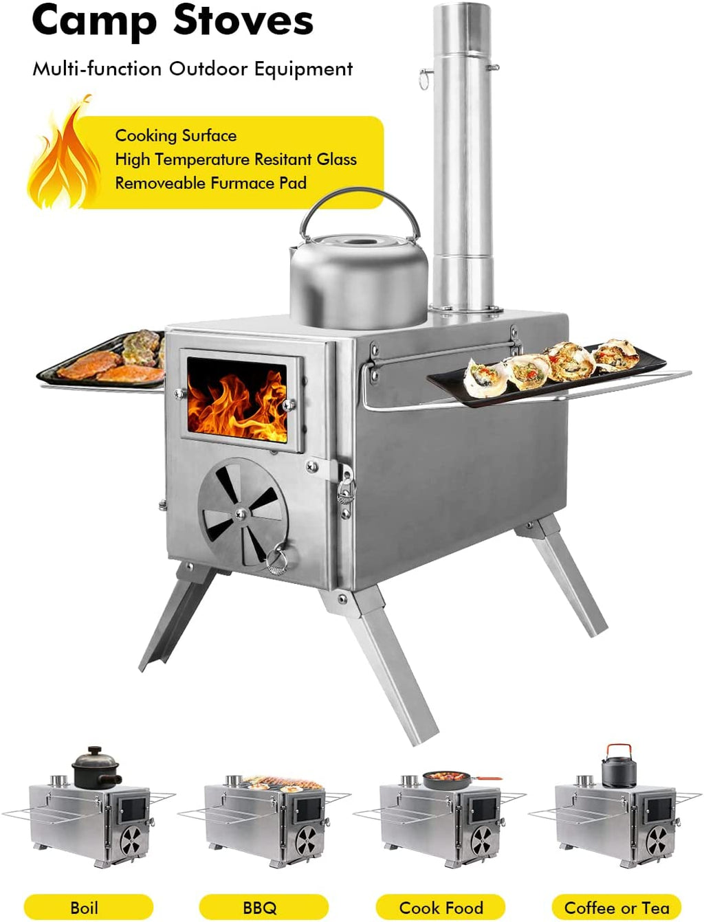 304 Stainless Steel Wood Burning Stove with Chimney Pipes B3653