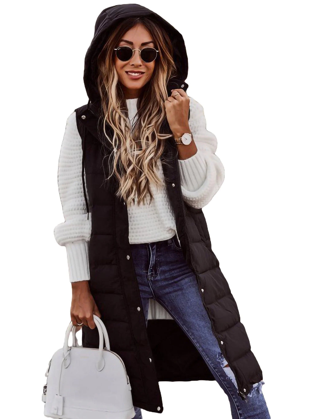 Women Long Down Vest Sleeveless Hooded Zipper Puffer Jacket F3311