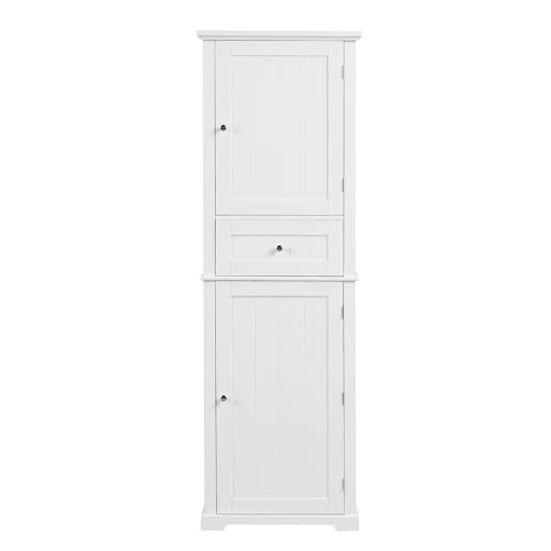 White Tall Bathroom Storage Cabinet with 2 Doors, 5 Shelves, 1 Drawer N324