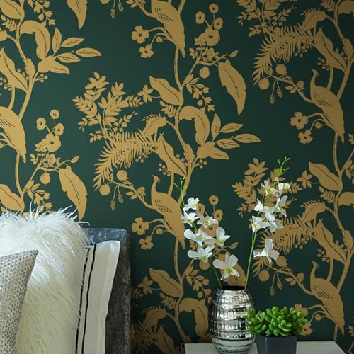 Dark Green Gold Vintage Floral Peel and Stick Wallpaper 17.3" X 118" K225