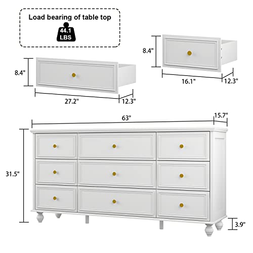 White 9 Drawer Chest of Drawers with Gold Metal Handles & Wooden Legs J6863