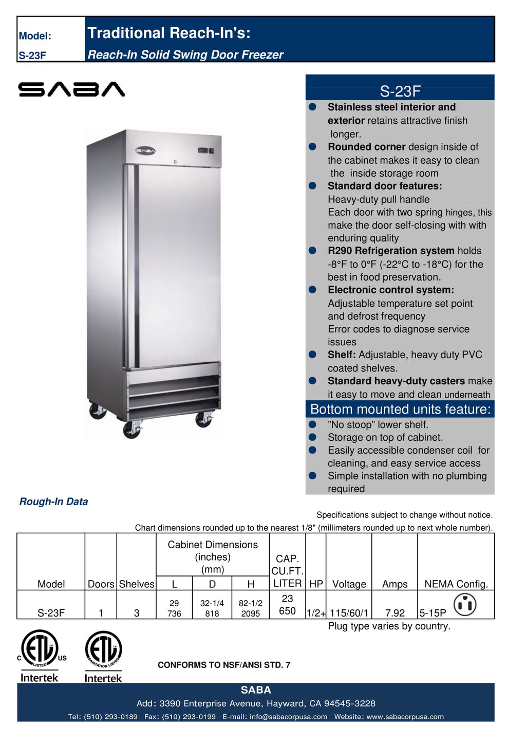 23 cu ft Solid Door Stainless Steel Upright Reach-in Freezer N7648