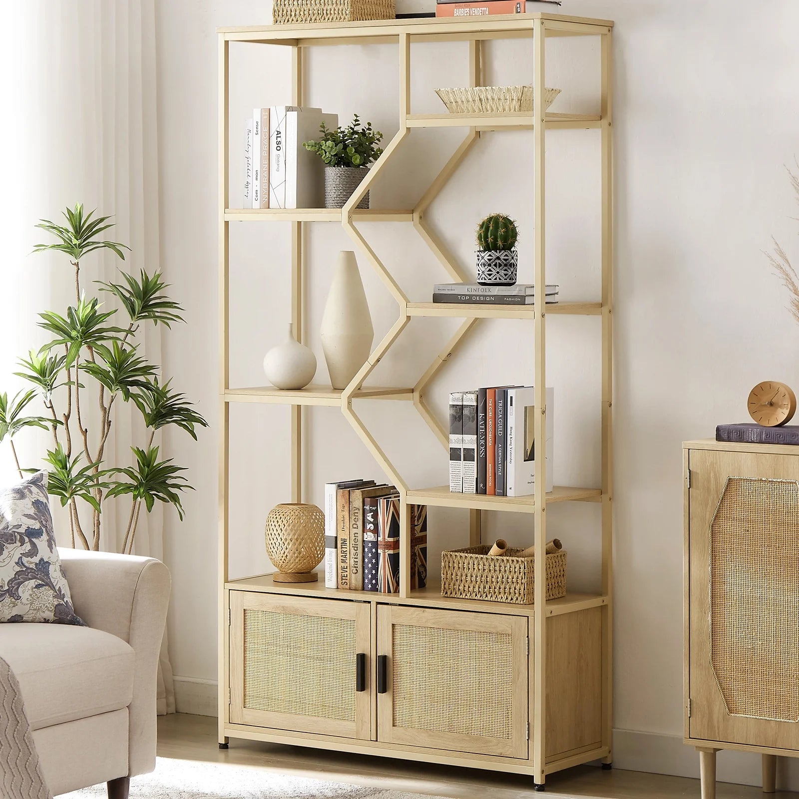 7 Tiers Rattan Bookcase with Doors O285331