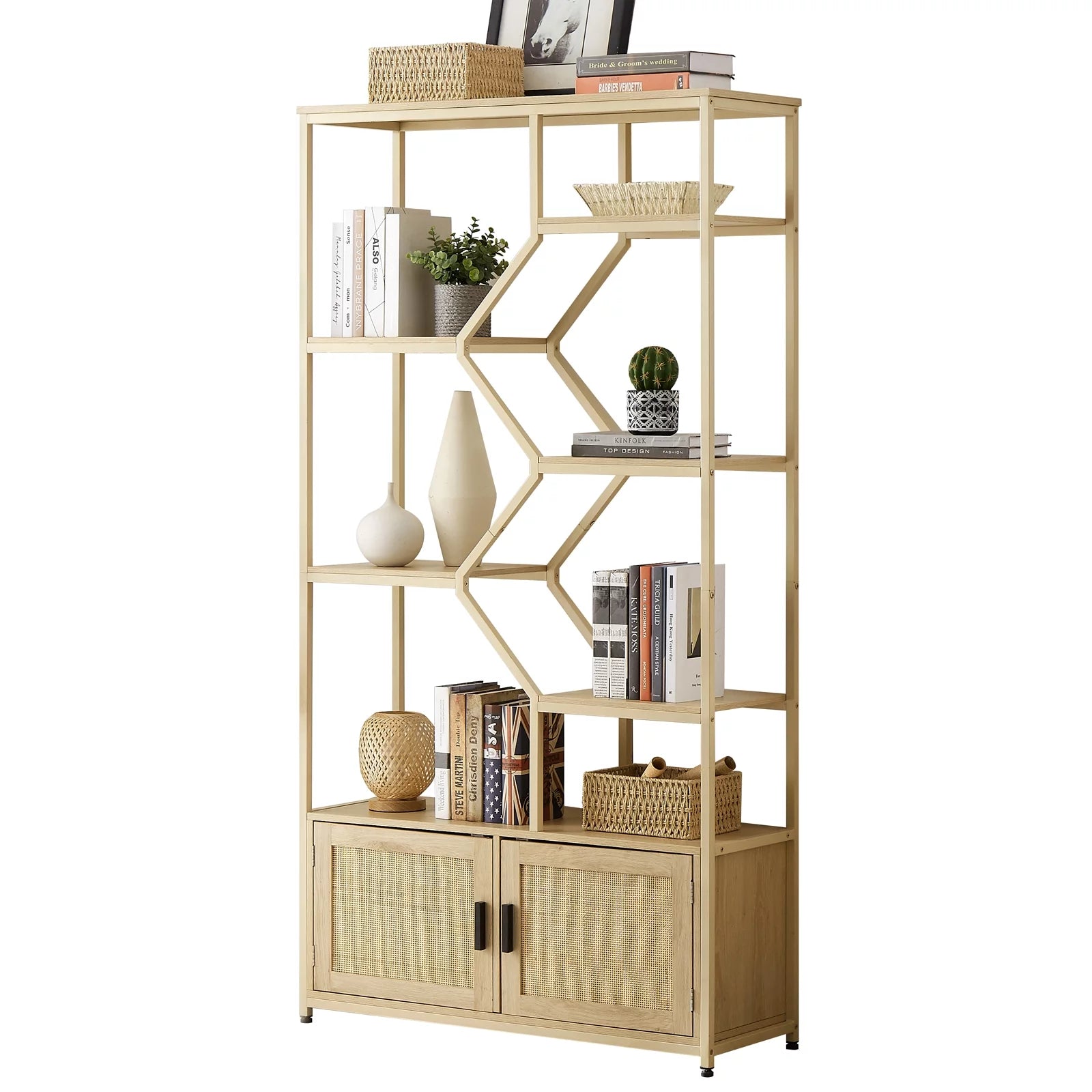 7 Tiers Rattan Bookcase with Doors O285331