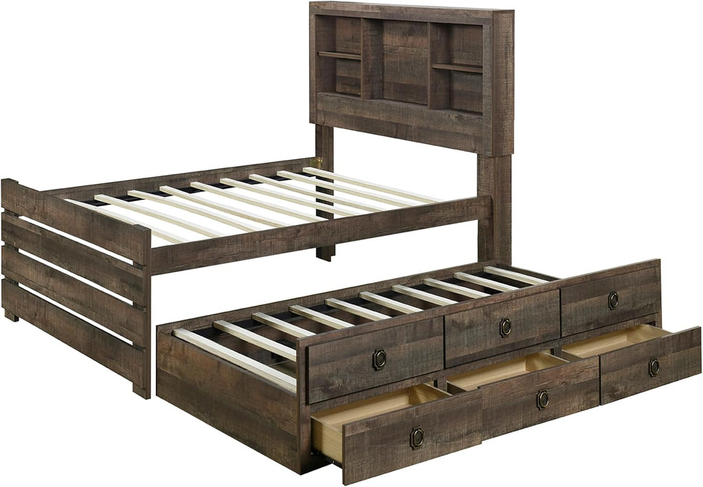 Twin Size Bookcase Captain Bed with Three Drawers and Trundle, Rustic Brown W123