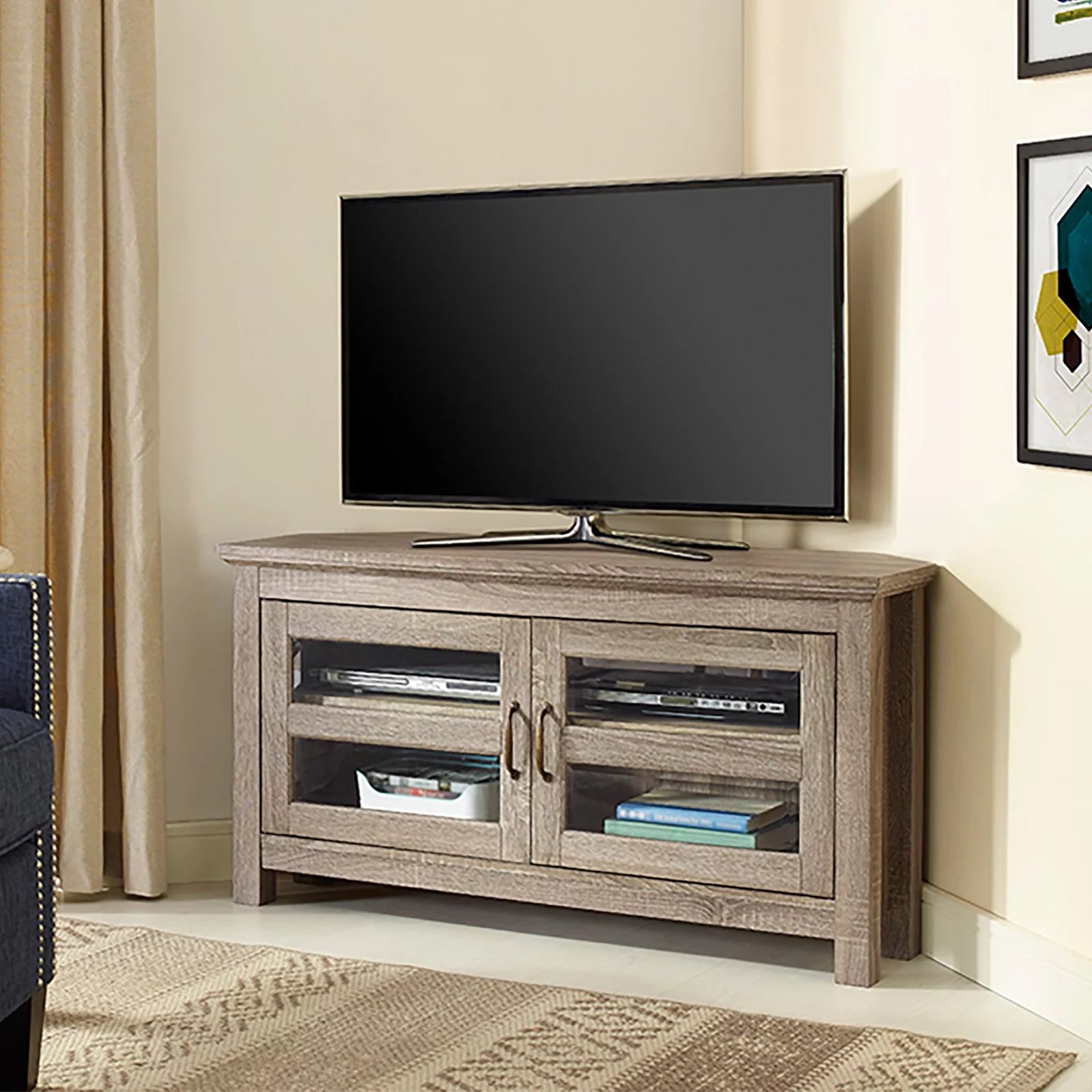 Grey Wash Wood Corner TV Console Y3977