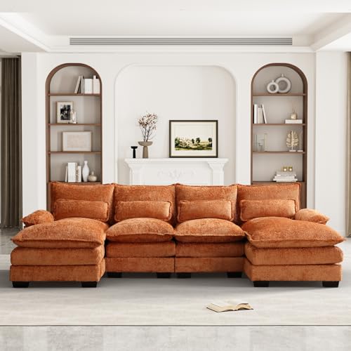 U Shape Sectional Sofa, 110" Upholstery Modular Sofa, 4 Seat Chenille Sleeper Sofa with Double Chaise, Orange I848
