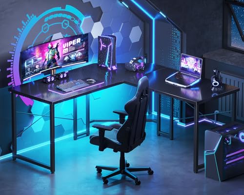 Black 51 inch L Shaped Gaming Desk with Carbon Fiber Surface L6875