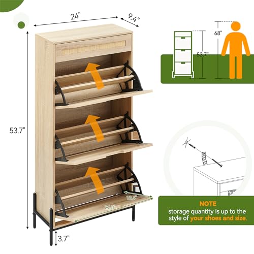 Oak Rattan Shoe Storage Cabinet with 3 Flip Door and 1 Drawer M7357