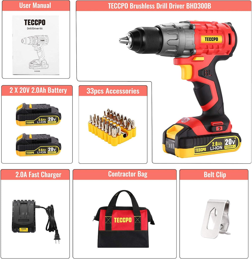 20V Brushless Cordless Drill Set with 2 Batteries and Case T8638