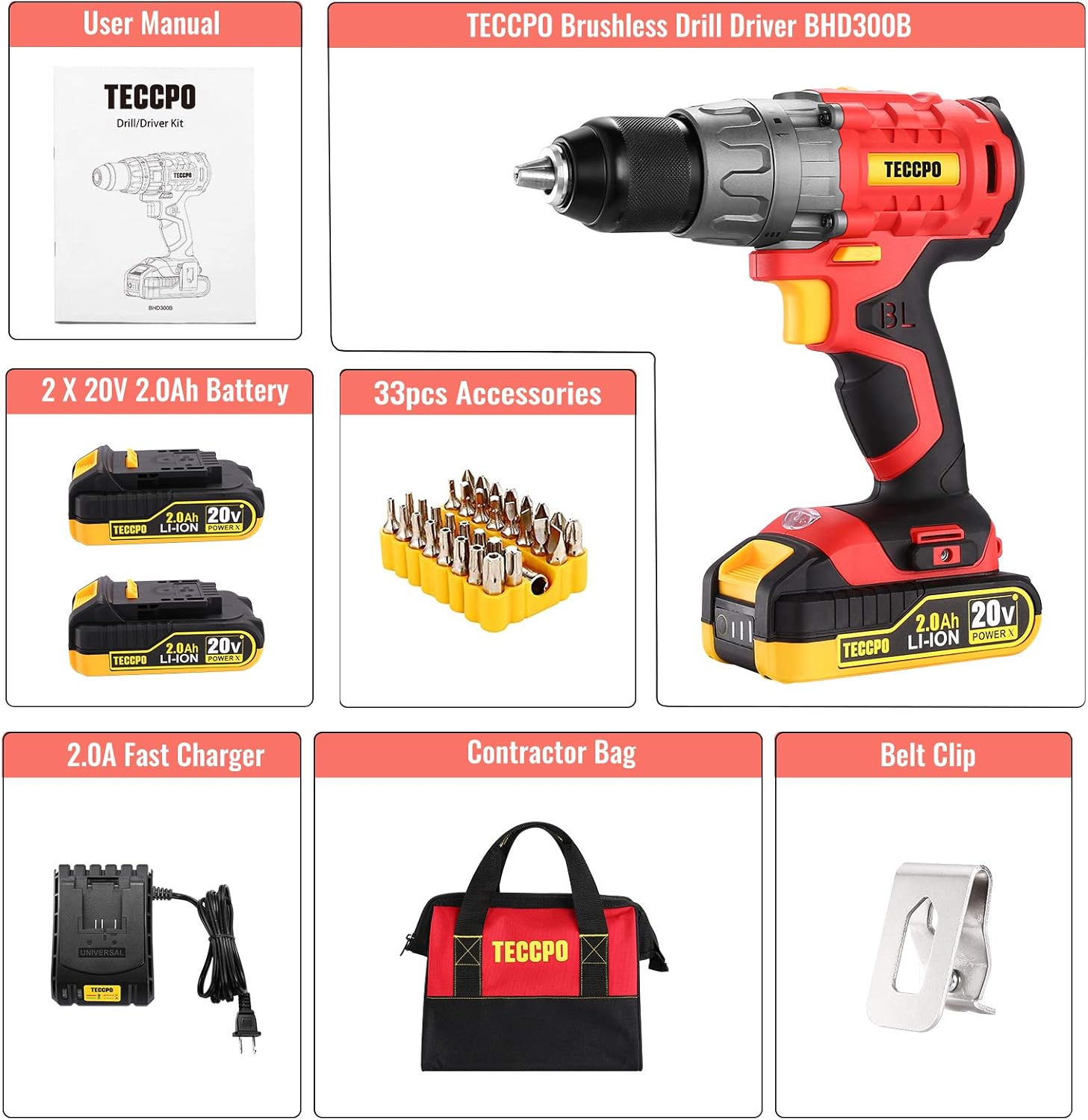 20V Brushless Cordless Drill Set with 2 Batteries and Case T8638