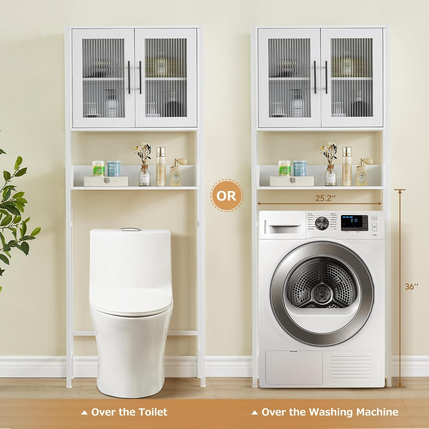 White Over The Toilet Storage Cabinet with Glass Doors and Adjustable Shelves I888