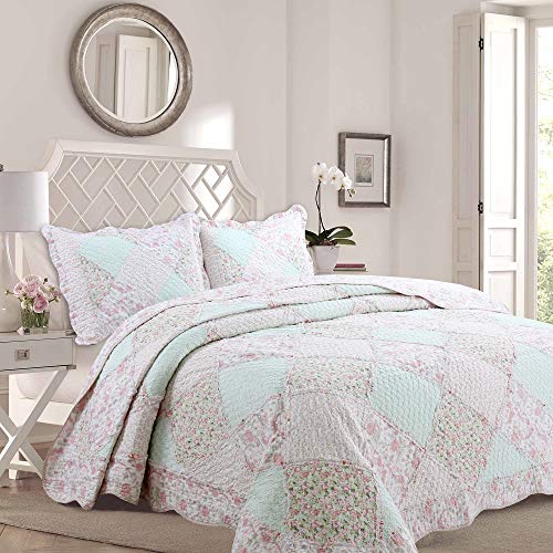 3-Piece Soft Pink Peach Green Cotton Reversible Queen Quilt Bedding Set I54539