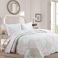 3-Piece Soft Pink Peach Green Cotton Reversible Queen Quilt Bedding Set I54539