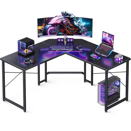 Black 51 inch L Shaped Gaming Desk with Carbon Fiber Surface L6875