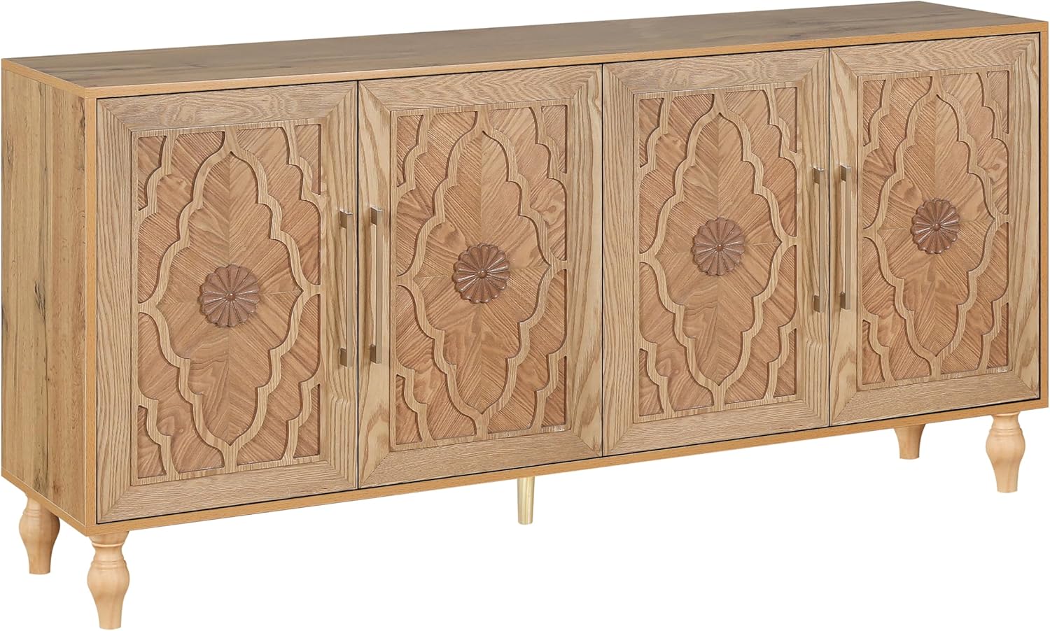 63" Carved Flower Door Large Storage Cabinet with Metal Handle (Natural Wood) E884966